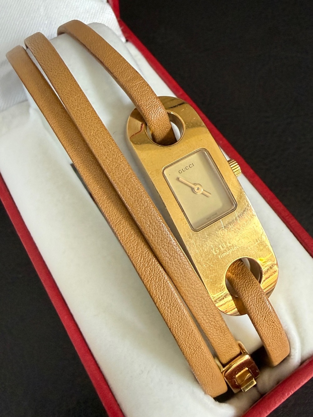 Gucci Gold-Tone Rectangular Dial with Tan Wrap Leather Strap